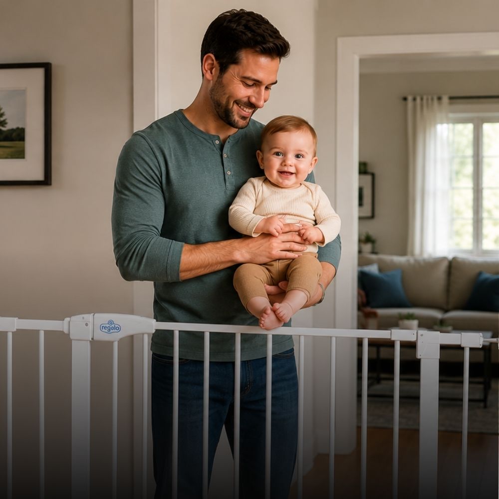 Man holding a baby in a living room with a baby gate in the foreground