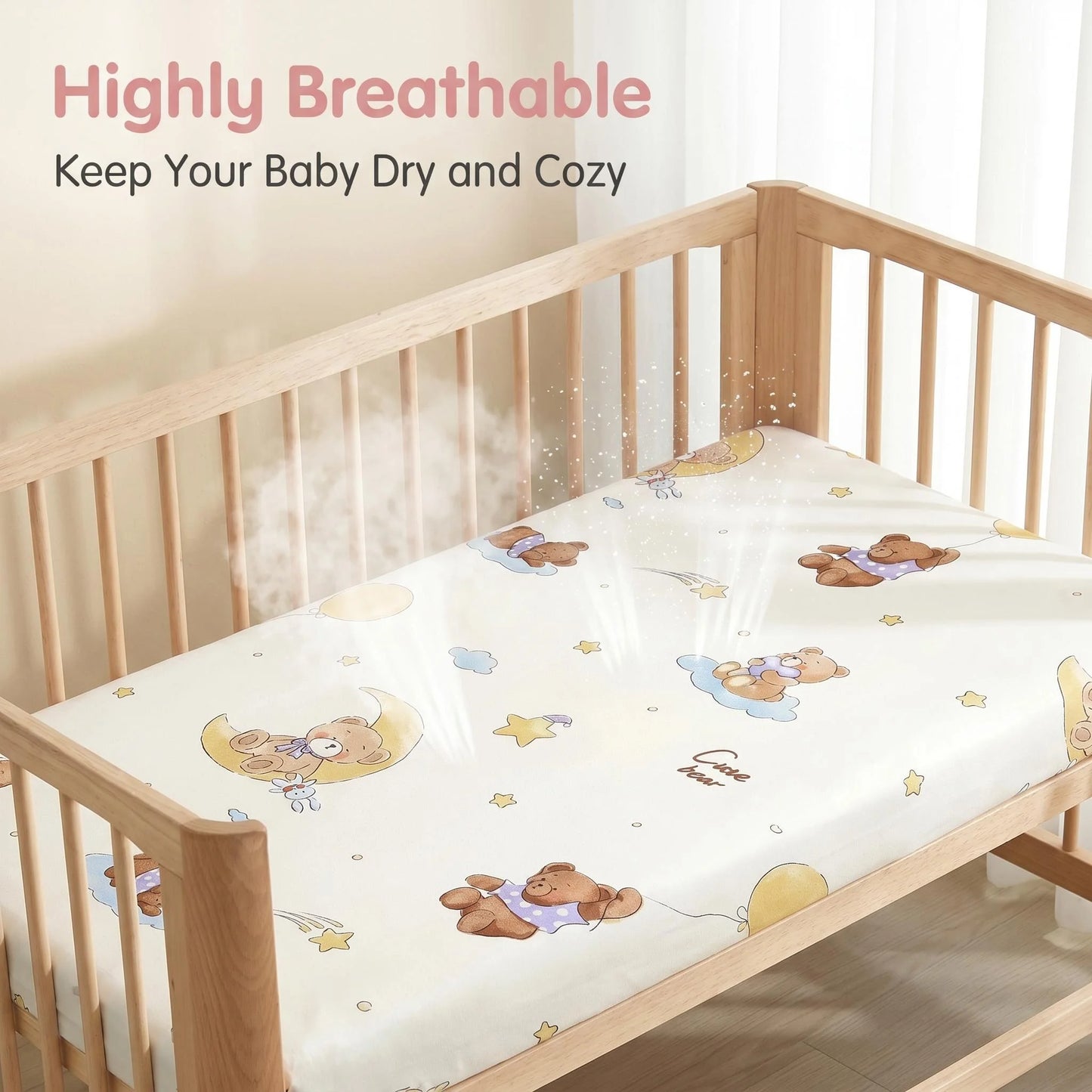 100% Cotton Baby Crib Fitted Sheet Bear Moon Star