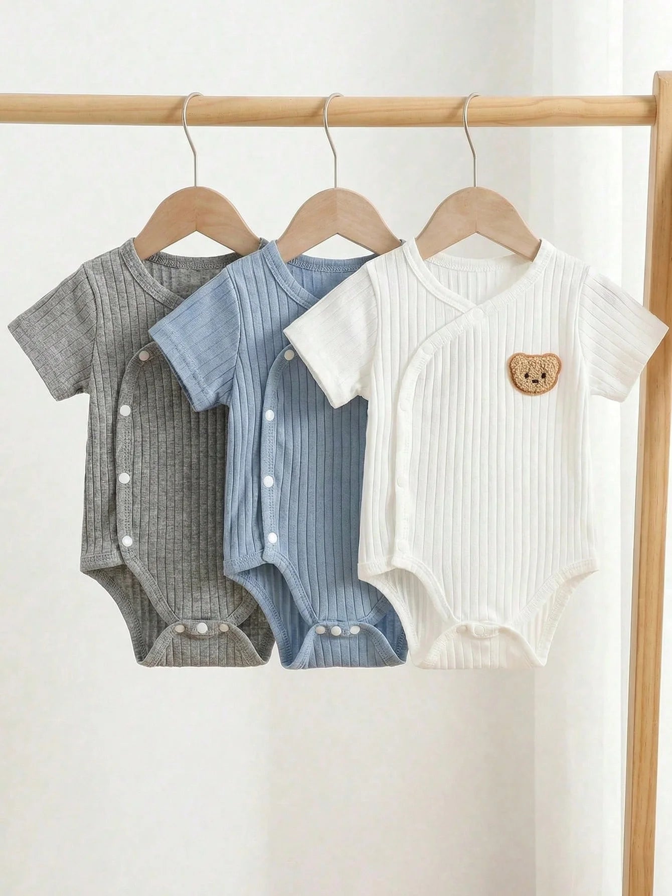 Three-Piece Baby Boy Bear Embroidered Summer Romper Set
