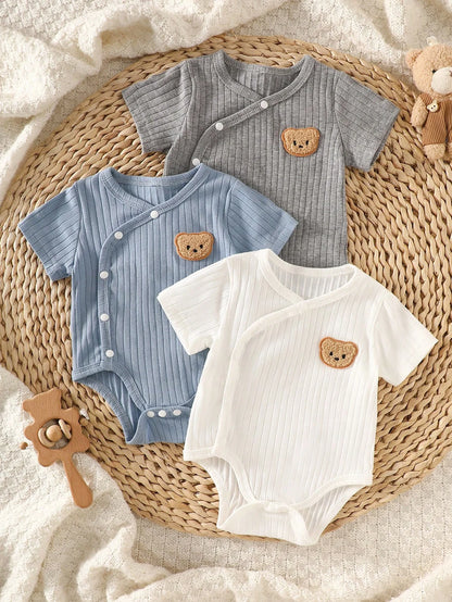 Three-Piece Baby Boy Bear Embroidered Summer Romper Set