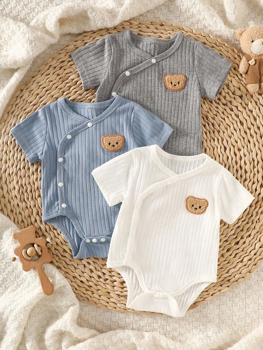 Three-Piece Baby Boy Bear Embroidered Summer Romper Set