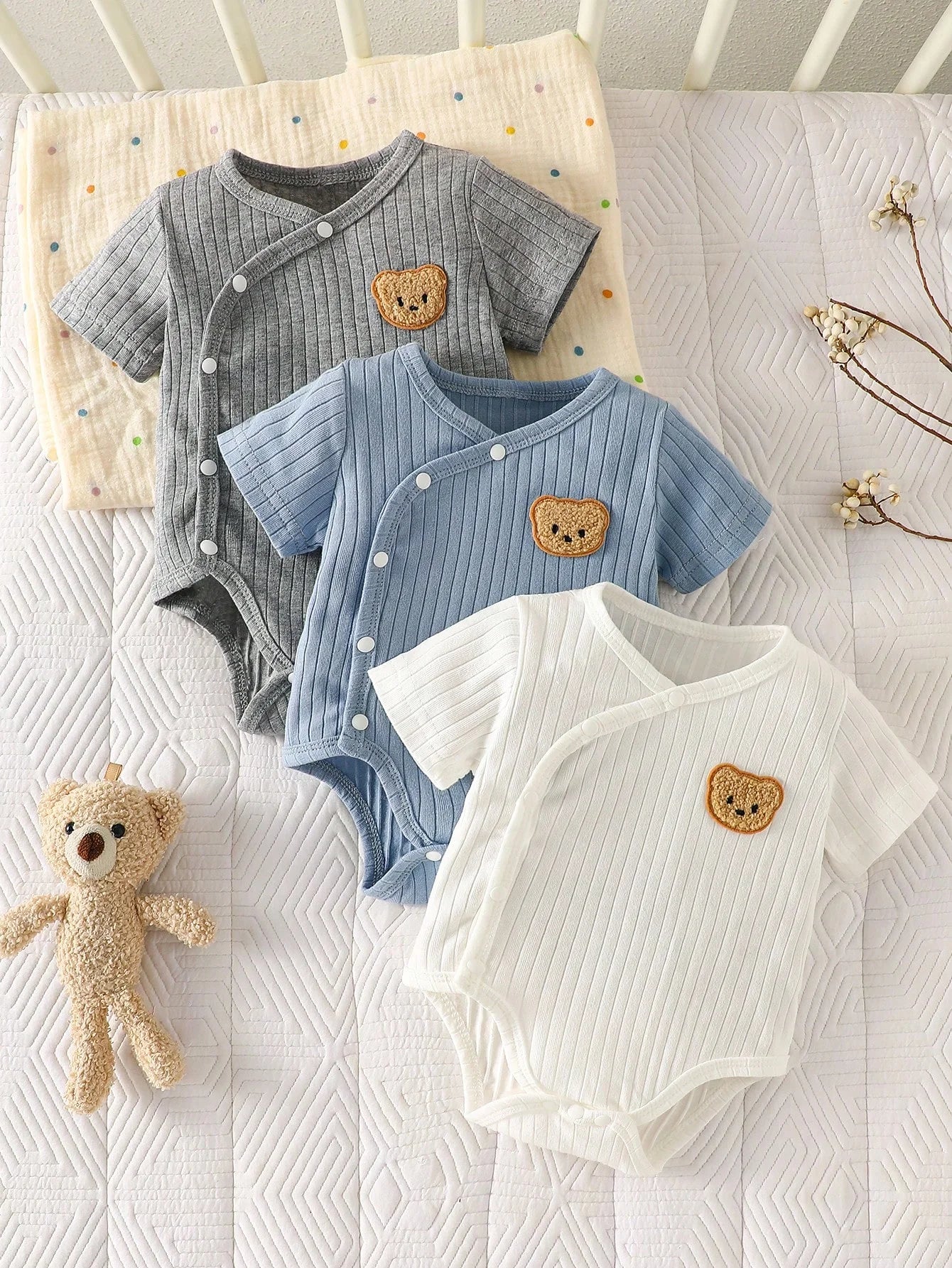 Three-Piece Baby Boy Bear Embroidered Summer Romper Set