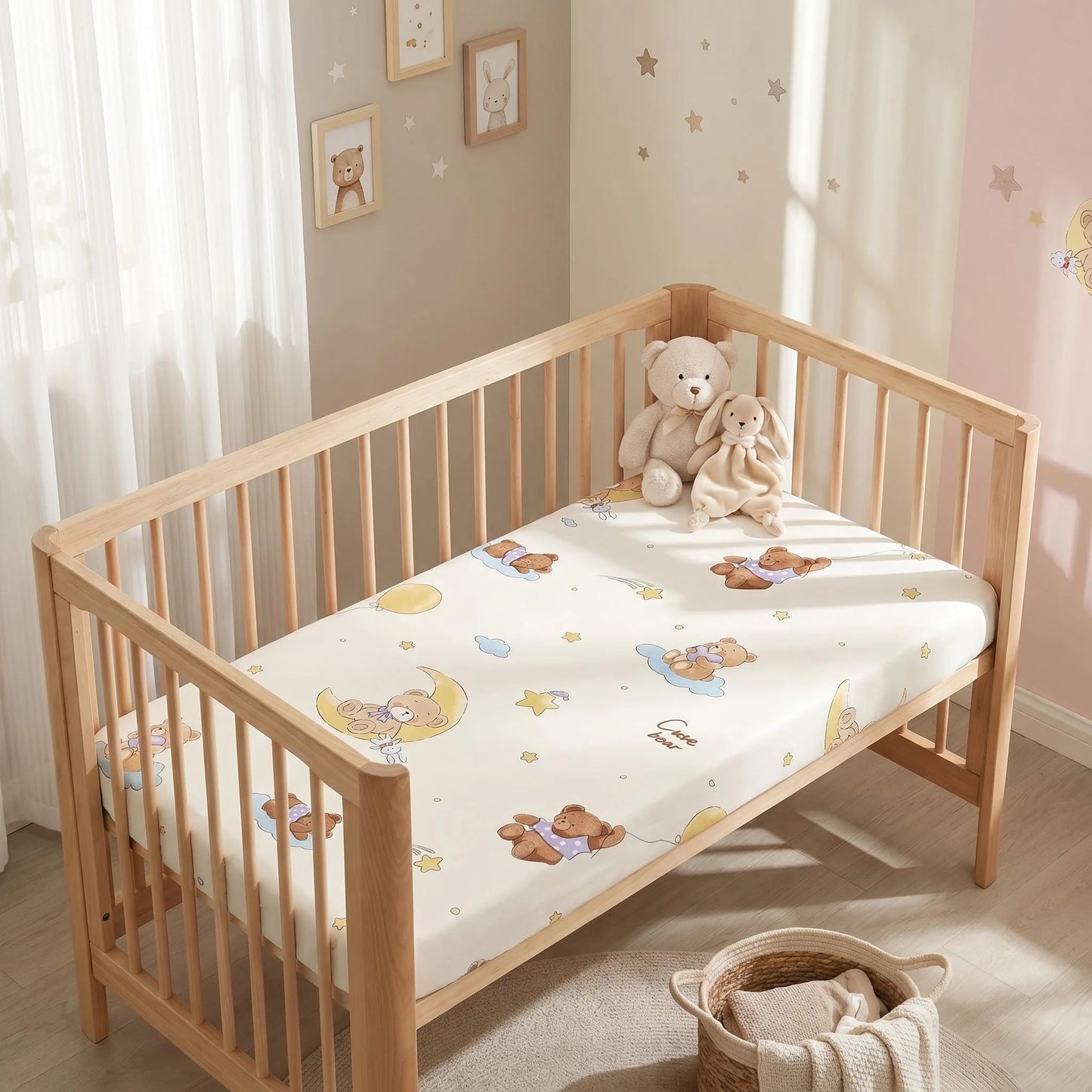 100% Cotton Baby Crib Fitted Sheet Bear Moon Star