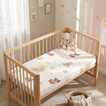 100% Cotton Baby Crib Fitted Sheet Bear Moon Star