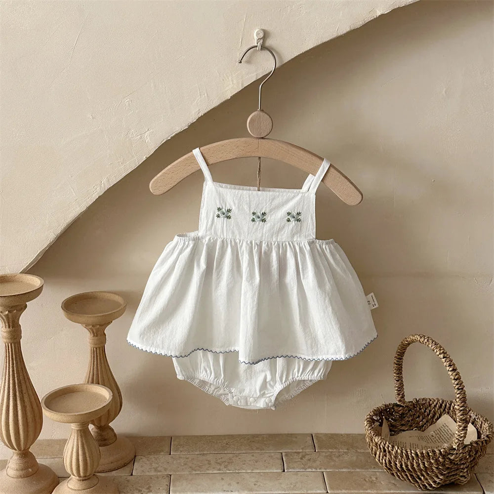 Baby Girls Floral Embroidery Strap Top Bloomer Set