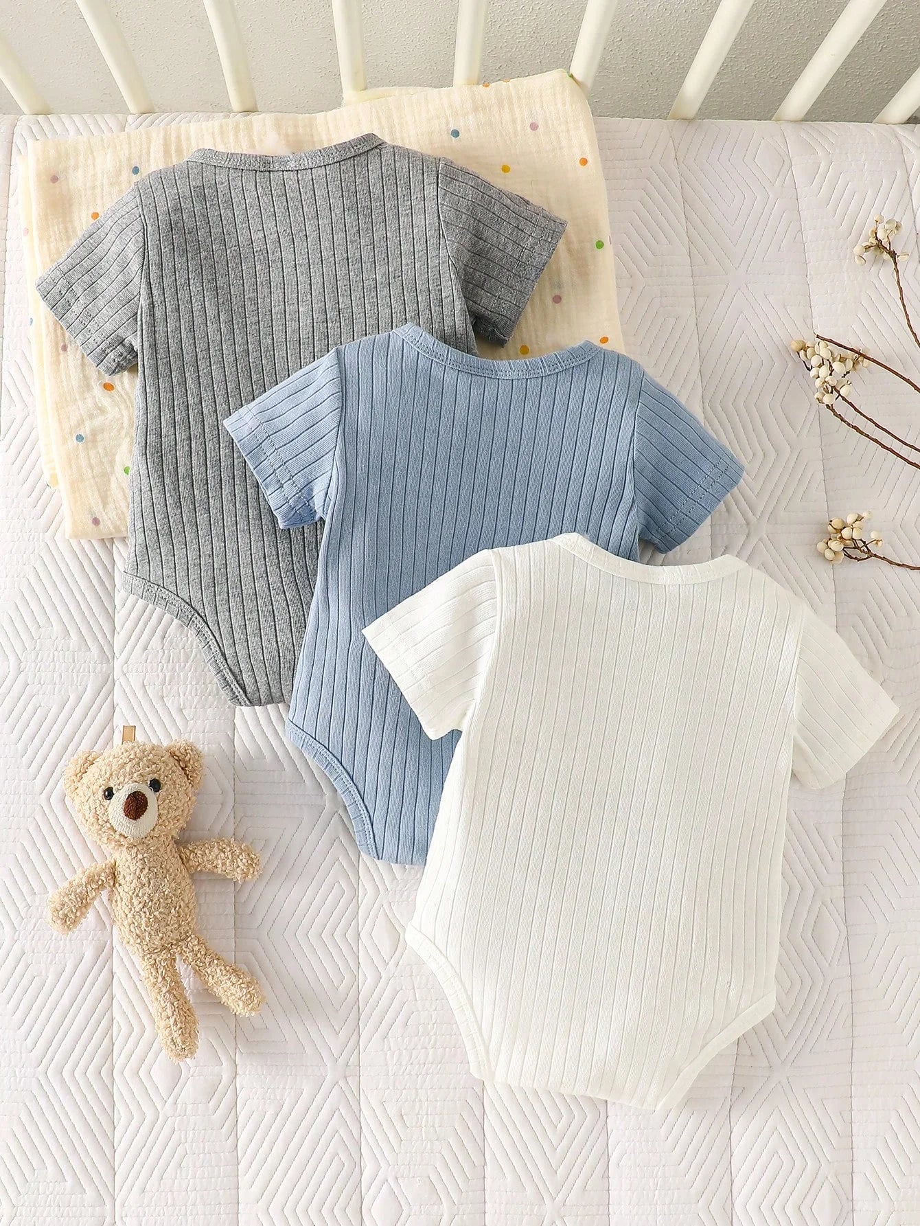 Three-Piece Baby Boy Bear Embroidered Summer Romper Set