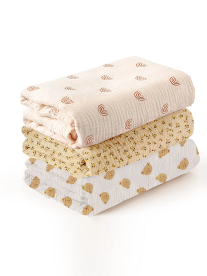 3PCS Soft Breathable Muslin Baby Receiving Swaddle Blanket Set