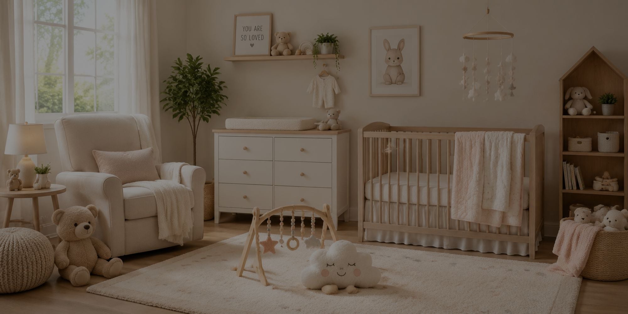 Nursery room with crib, chair, and toys in a well-lit room.