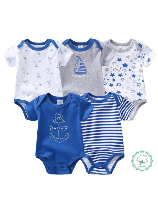 5PCS Baby Boy Sailboat Short Sleeve Romper Set