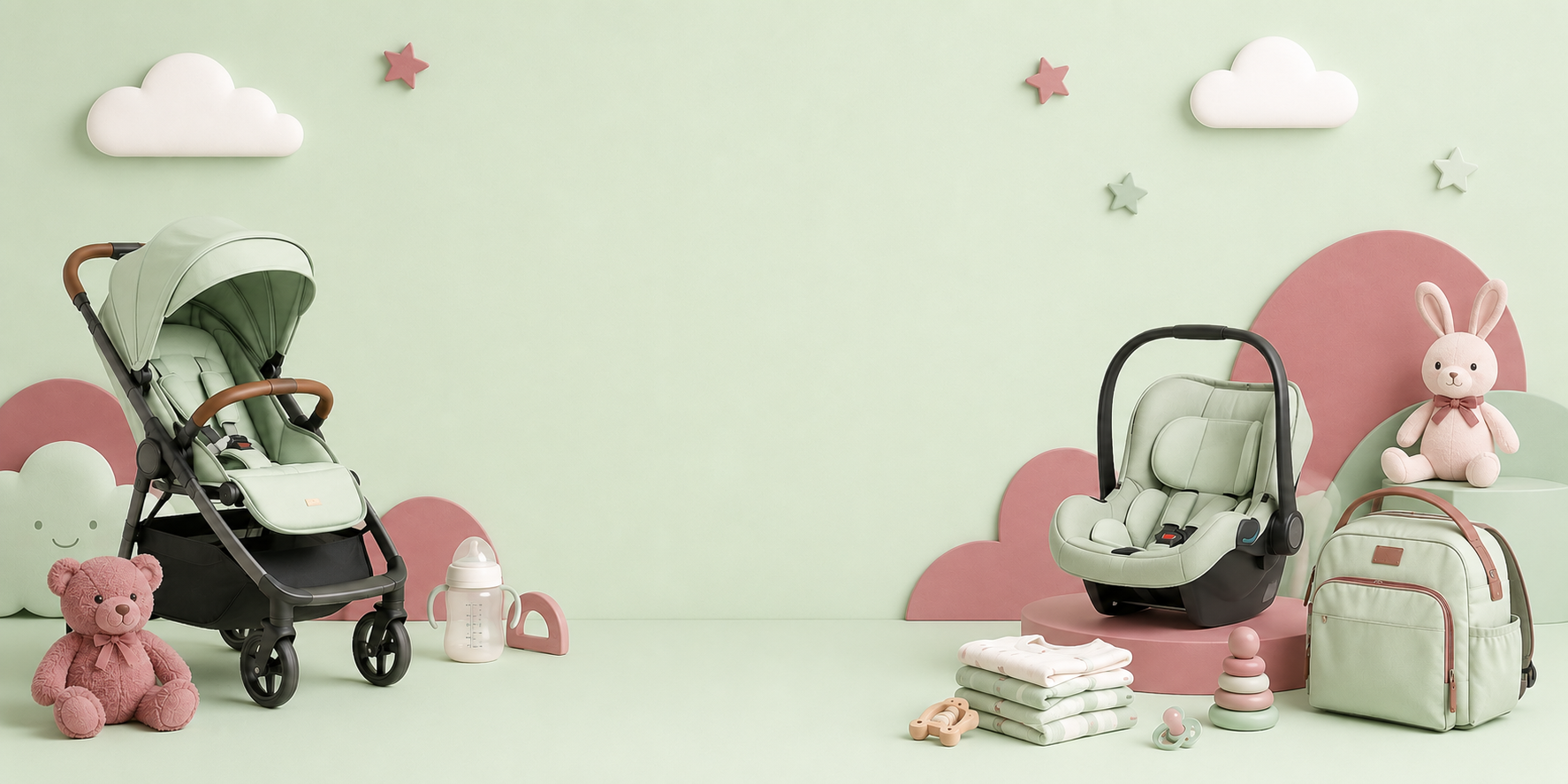 Baby stroller, car seat, and diaper bag set against a light green background with decorative elements.