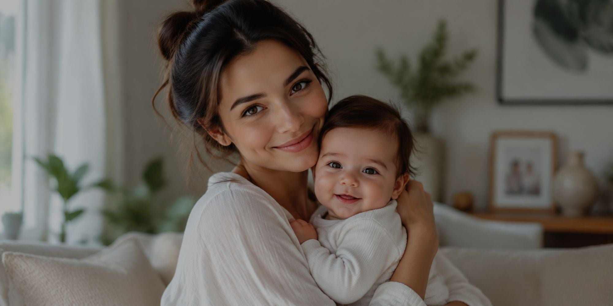 Woman holding a baby in a cozy living room
