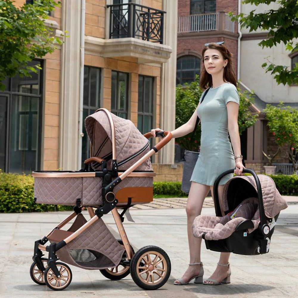 Woman pushing a baby stroller in an urban setting